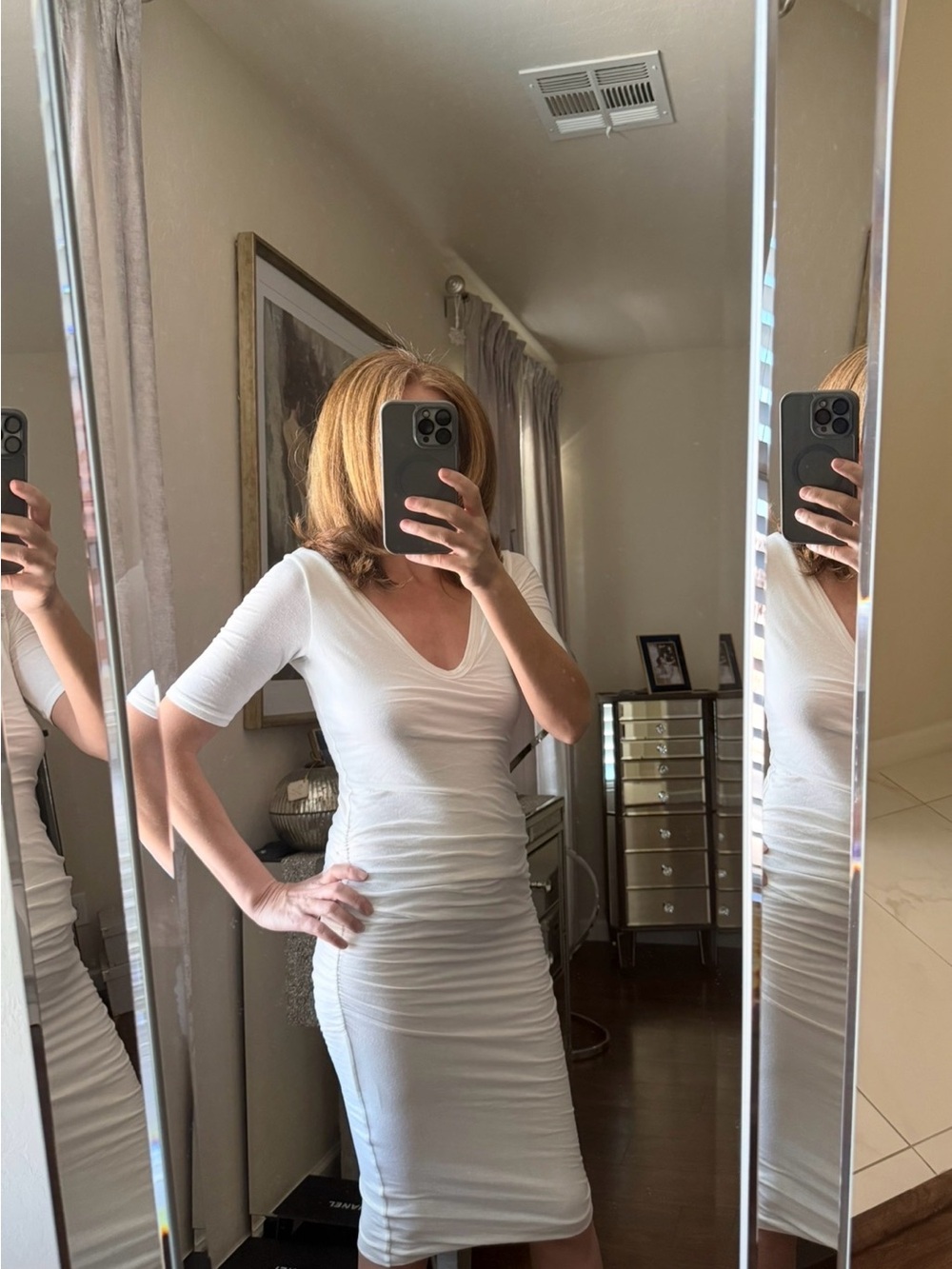James Perse White Ruched V-Neck Midi Dress